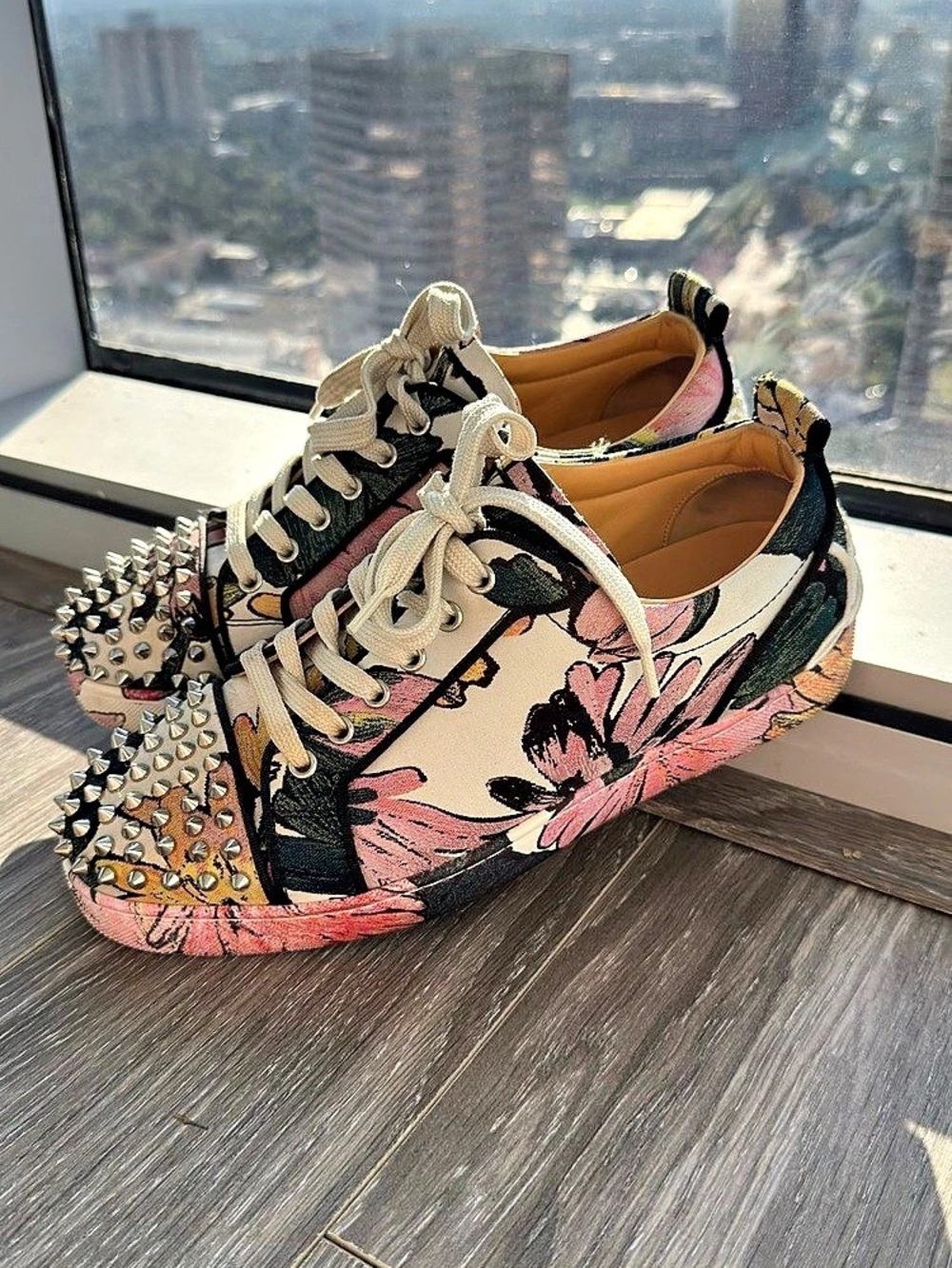 Christian Louboutin Louis Orlato Flat Spikes Floral Canvas Sneaker Pink & Black